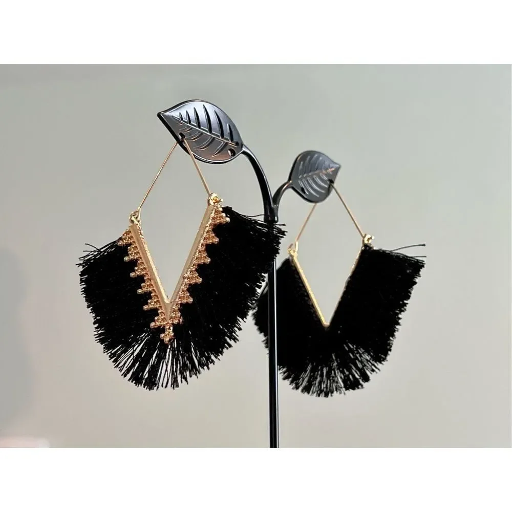 Brand New Black Fringe Chevron Dangle Gold Tone Earrings Costume Jewelry Buy 3/$